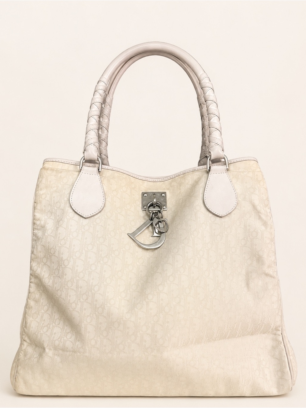Christian Dior Trotter Monogram Canvas Tote Bag Ivory Logo Charm Large